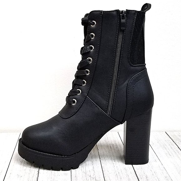 New Black Lace Up Combat Block Heel Boots - Picture 1 of 4